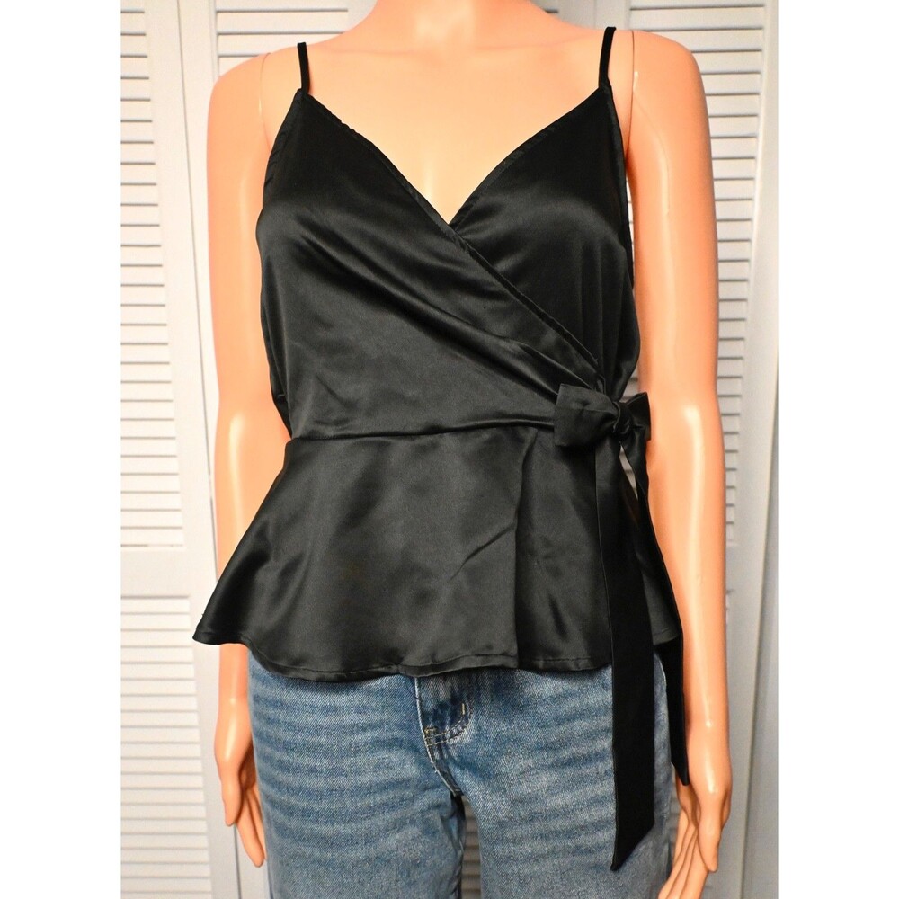 Iris Black Satin Wrap Cami Top Women’s Small Sleeveless Tie Waist Blouse